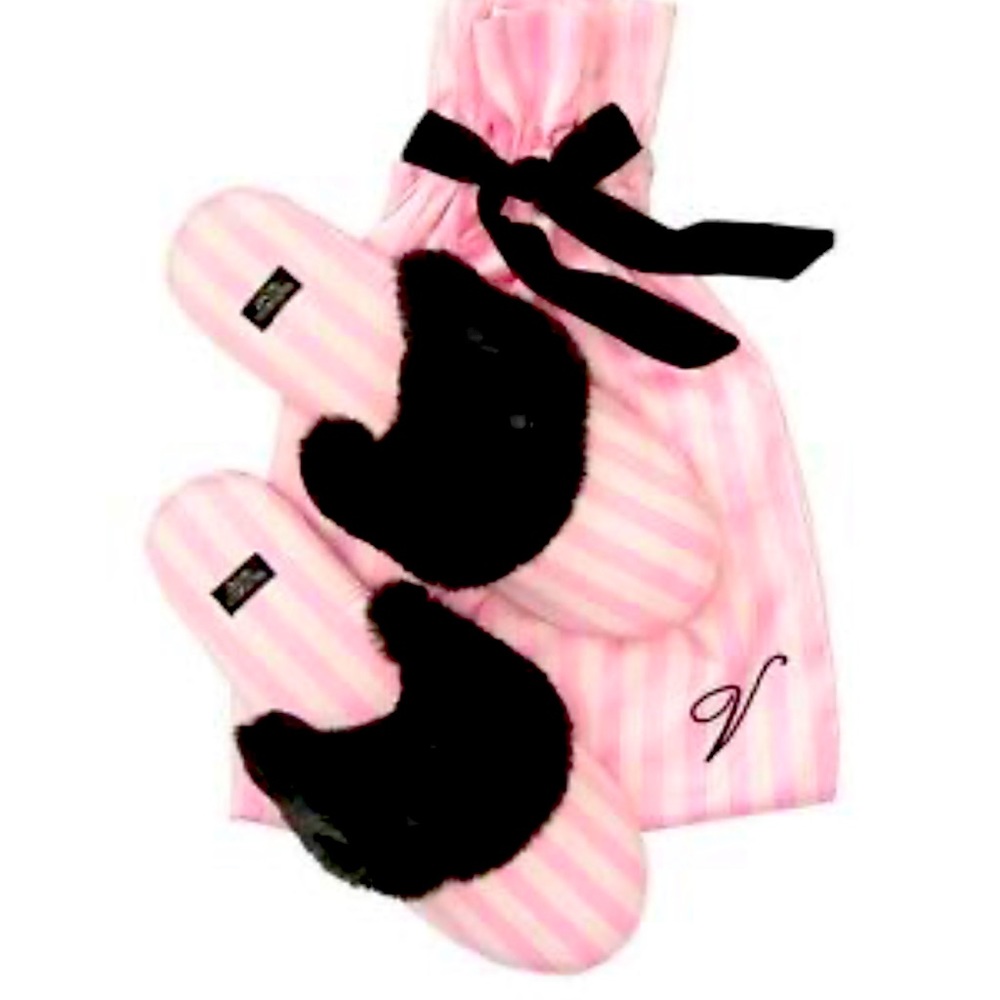 BUNDLE ME! Victoria Secret Satin Pink Striped Slippers with Black Faux Fur Trim